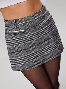 Avenya 女士黑白千鸟格拉绒低腰短裙 - 黑與白 - 查看 1