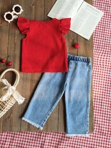 SHEIN Vintaside Kids 2pcs Baby Girls' Spring/Summer Set, Red Round Neck Puff Sleeve Top Paired With Cherry Embroidered Denim Pants, Sweet Style, Versatile For Daily Wear, Outdoor Play, Comfortable Home, And Casual Gatherings - Red - View 2