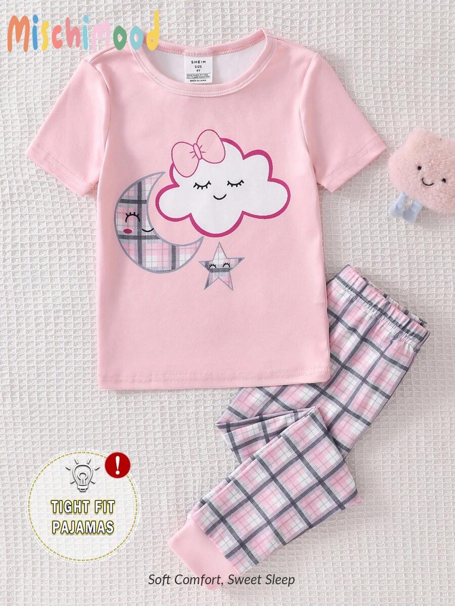 SHEIN Conjunto de pijama informal de 2 piezas para niñas jóvenes con estampado de nubes, estrellas y luna en color rosa, de manga corta y leggings - Rosa Pálido - Ver 1