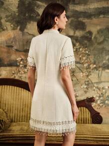 Anewsta 女士优雅短袖修身粗花呢迷你连衣裙，适合派对和婚礼，秋季 - 米色 - 查看 2