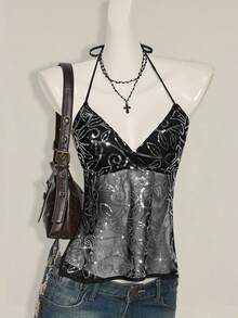 SHEIN ICON Women's Y2K Sexy Sequin Mesh Backless Halter Neck Top Sequin Tank Top Clubbing Tops - Black - View 4