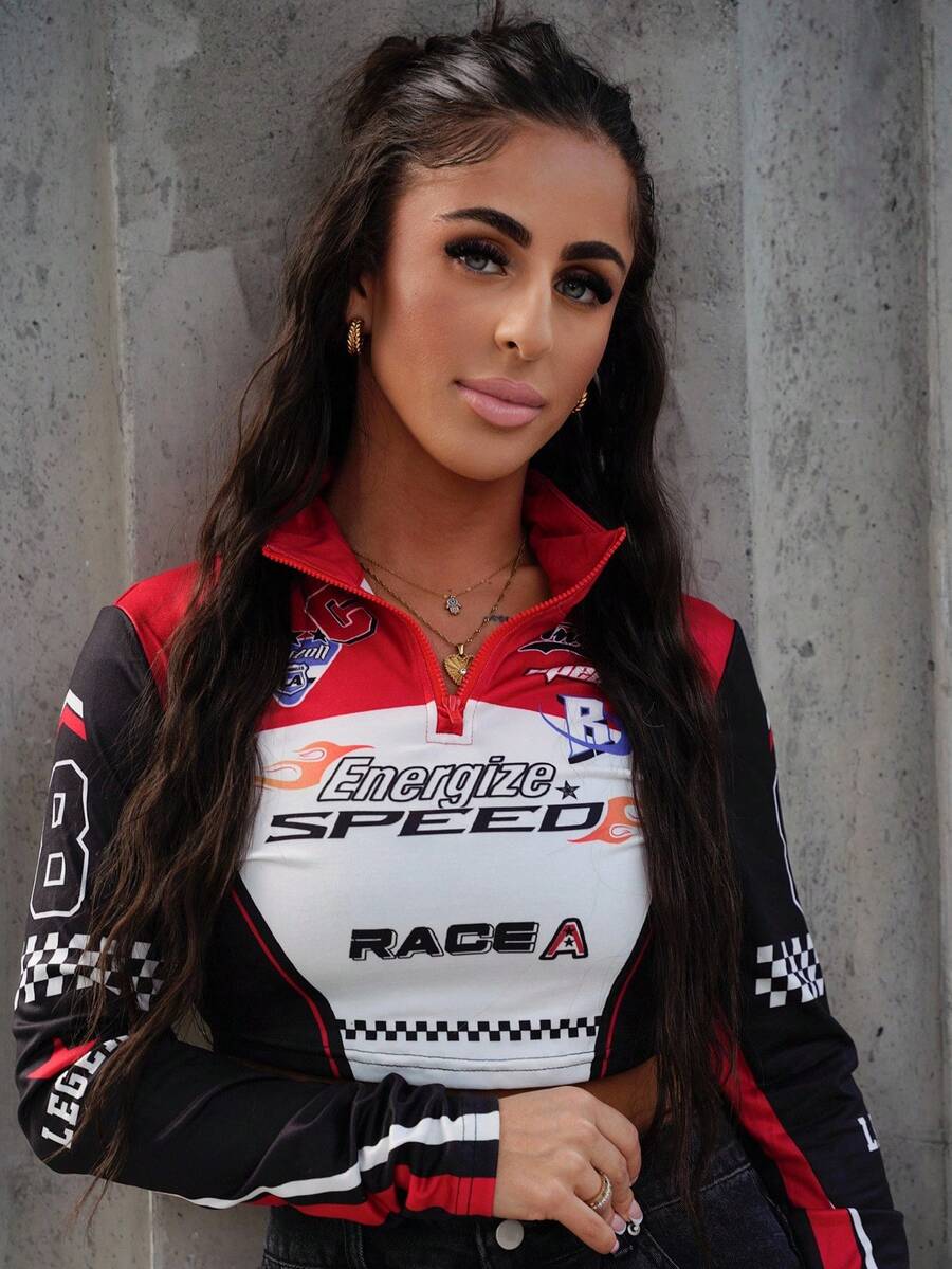 SAYEHFBABY Women's Streetwear Ricing Game Day Stretchy Knit Graphics Quarter Zip Cropped Slim Fit Turtleneck Tops With Sleeves - Red and Black - View 1