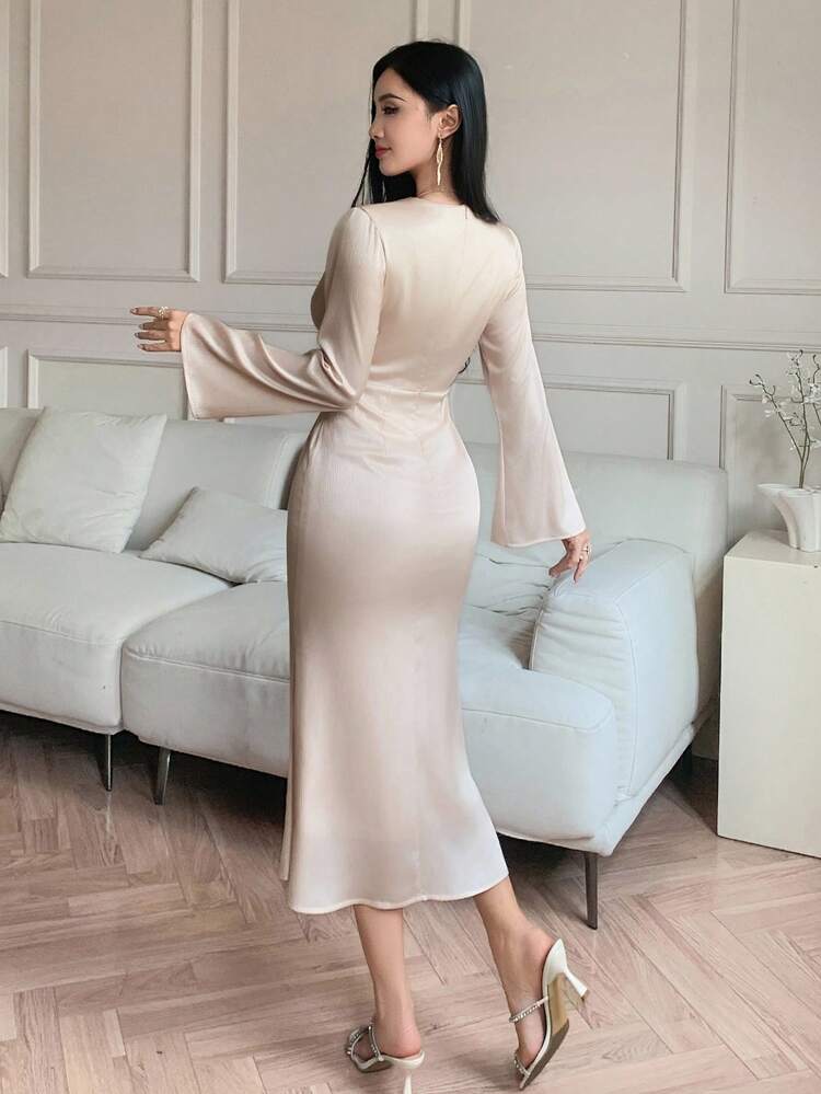 Elegant Solid Color V-Neck Twist Asymmetric Midi Dress For Women,Fall Women Clothes Long Sleeve Dress