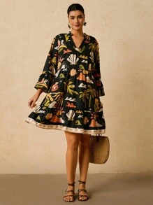 Travachic 大码女式黑色热带植物印花连衣裙，衬衫式V领中袖宽松连衣裙，沙滩短裙 - 黑色 - 查看 4