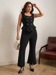 Chikora Plus Size Elegant Commuter Solid Color Double-Breasted Vest & Flare Pants 2 Pieces Set Fall Clothes Plus Size  Autumn Clothes   Old Money Style Women  Homecoming Business Casual Woman Curve Fall Clothes Plus Size  Business Casual Woman   Office Outfits For Women Work Clothes Women Work Clothes  Classy Outfits For Women Business Casual Chic Women's Set - Black - View 6