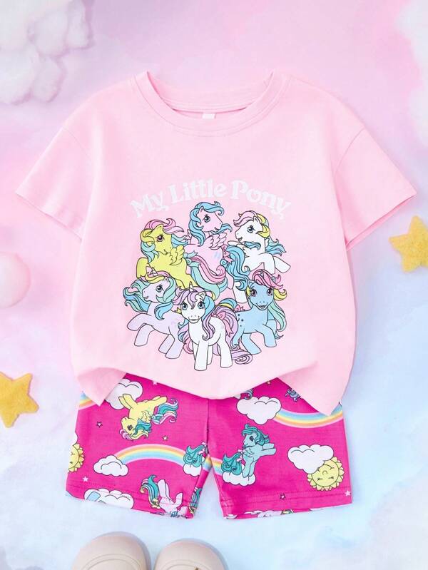 My Little Pony X SHEIN 2pcs/Set Young Girl Letter & Cartoon Print Short Sleeve T-Shirt And Shorts