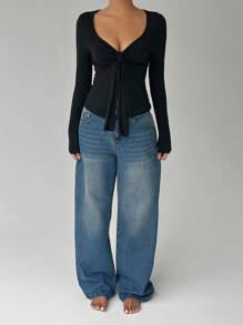 FavEase Women's V-Neck Ruched Tie Front Long Sleeve Casual Soft T-Shirt Fall Cloth For Women