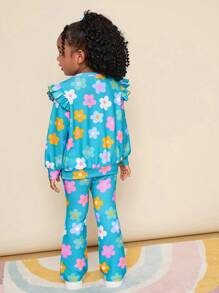 Set informal de sudadera y pantalones con volantes y estampado floral para niña - Multicolor - Ver 3