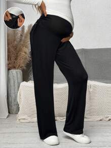 SHEIN Maternity Pants With High Waist, Ruched Hem, Side Bowknot Adjustable Waist