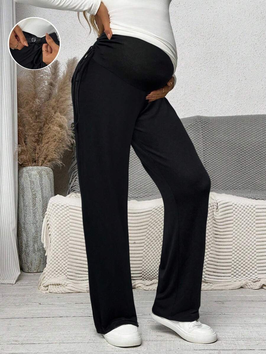 SHEIN Maternity Pants With High Waist, Ruched Hem, Side Bowknot Adjustable Waist