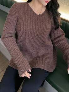 Dazy Plus V-Neck Solid Ribbed Loose Casual Plus Size Sweater For Women, Autumn - Brown - View 8