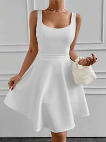 EURMUSE Solid Scoop Neck Flare Hem Dress - White - View 4