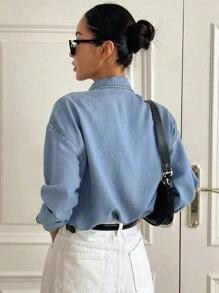 DAZY 女士翻领长袖宽松休闲牛仔衬衫、牛仔夹克、秋季女装 - 中等水洗藍 - 查看 4