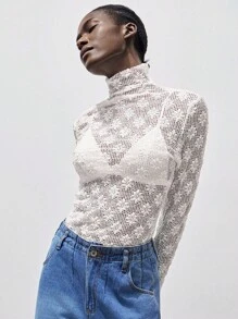 SHEIN Unity Halloween Women's Stand Collar Knitted Hollow See-Through Textured Lace Slim Fit Elegant Long Sleeve Top - White - View 6