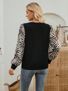 EMERY ROSE 春夏圆领泡泡袖灯笼袖拼色豹纹休闲度假长袖T恤 - 黑色 - 查看 2