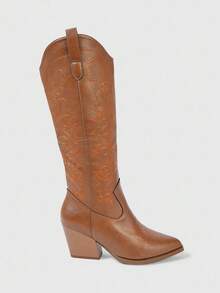 ROMWE Fairycore Bốt cao đến đầu gối bằng da, mũi nhọn màu nâu, đế dày, thêu họa tiết thời trang ngoài trời thu/đông 2025 - màu nâu - Xem 7