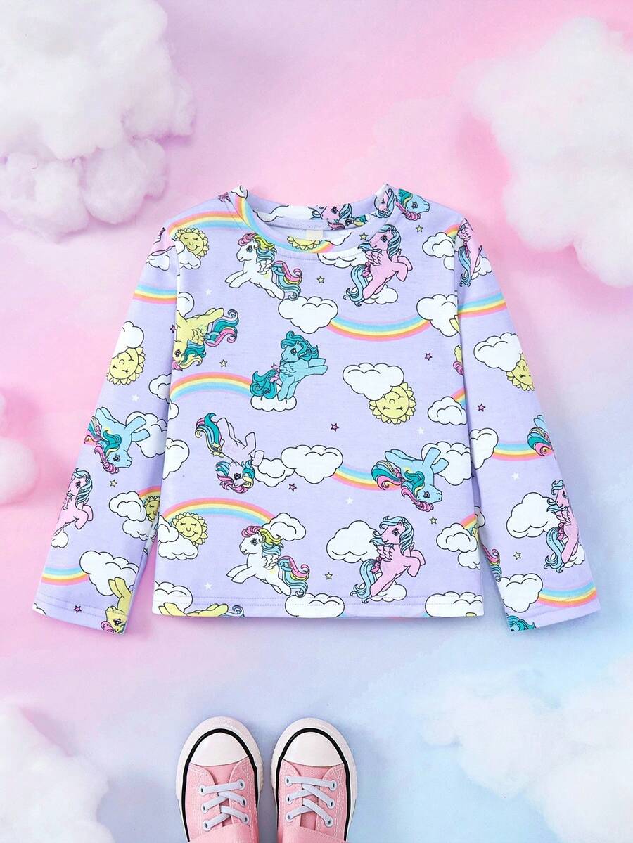 My Little Pony X SHEIN 年轻女孩卡通图案休闲圆领长袖T恤 - 彩色 - 查看 1