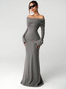 SHEIN ICON Vestido casual largo gris con hombros descubiertos de moda para mujer en otoño/invierno - Gris - Ver 7
