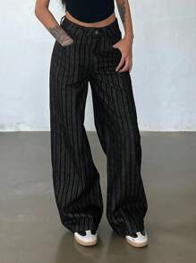 DAZY Women's Striped Loose Straight-Leg Casual Jeans - Dark Wash - View 1