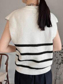 FRIFUL 女士条纹拉链半开襟短袖宽松针织衫 女士针织上衣 夏季针织上衣 条纹针织上衣 短袖毛衣背心 拉链针织上衣 - 黑與白 - 查看 3