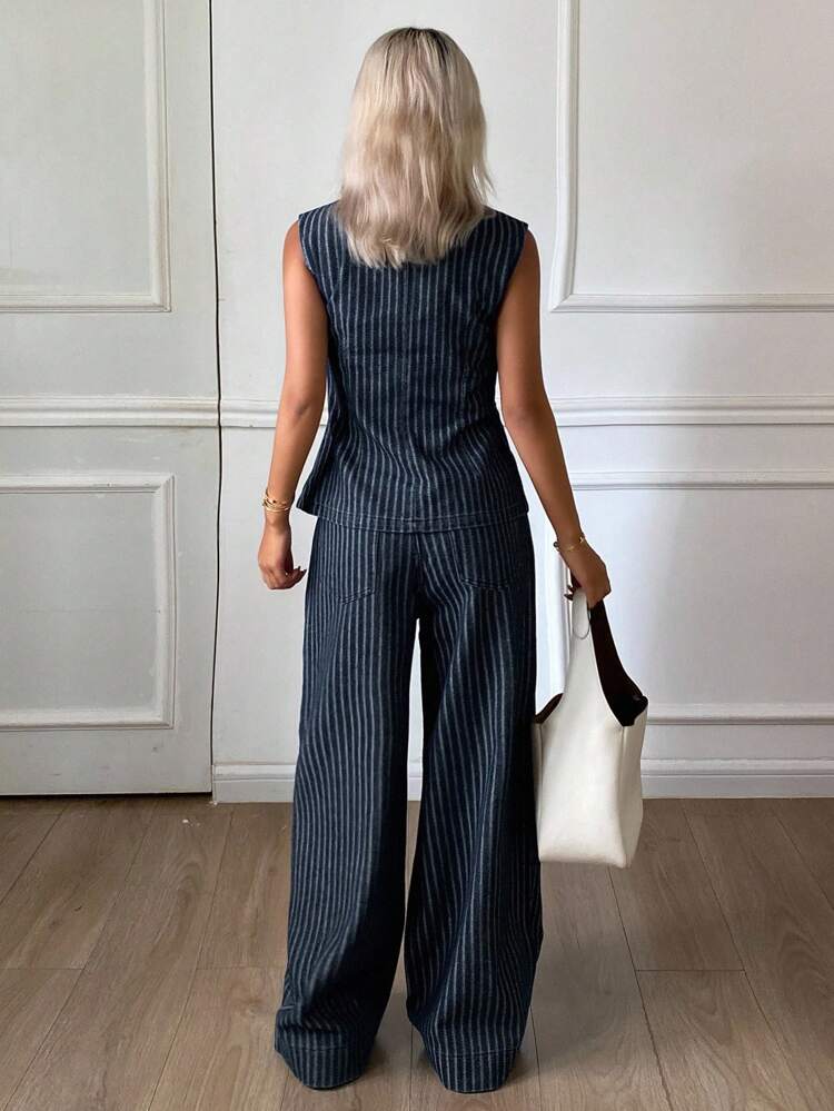 Women's Casual Striped Round Neck Tank Top And Wide Leg Jeans Set
