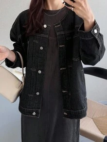 FRIFUL 女士休闲百搭落肩宽松牛仔夹克黑色牛仔夹克超大牛仔夹克牛仔夹克女式加大码牛仔夹克女式黑色牛仔夹克 - 黑色 - 查看 3