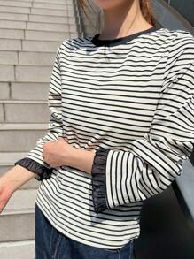 FRIFUL 女士休闲日常条纹喇叭袖T恤条纹长袖上衣条纹上衣女士条纹上衣长袖条纹上衣荷叶边袖口条纹上衣