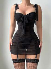 SHEIN 4pcs Set: Romantic Mesh Ruched Sexy Slim Nightgown + G-String + 1 Pair Of Stockings For Going Out, Baddie Look - Black - View 7