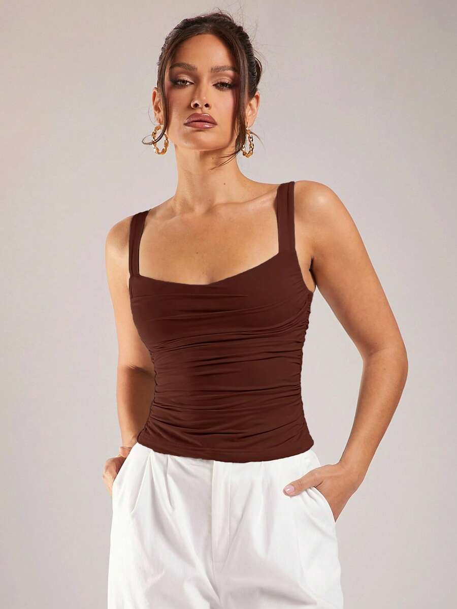 Silquee 女士纯色褶皱修身休闲吊带背心 - 咖啡棕 - 查看 1