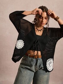 Freevana 大码女式花卉图案镂空前系带长袖开衫 - 黑色 - 查看 5