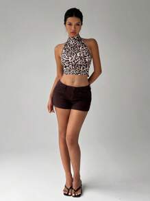 FavEase 女式豹纹性感露背吊带无袖背心图案猎豹印花T恤女式上衣 - 彩色 - 查看 4