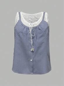 INAWLY 2025年大码女式夏秋季花卉格子印花吊带背心 - 藍白色 - 查看 5