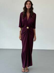 Aloruh 女式纯色重叠V领蝙蝠袖褶皱优雅连衣裙 - 紫色 - 查看 3