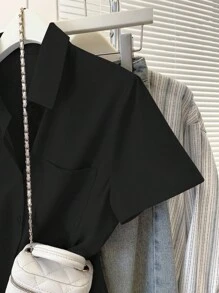 INAWLY Áo sơ mi nữ tay ngắn, cài nút đơn, dáng rộng, màu trơn, mùa hè - màu đen - Xem 6