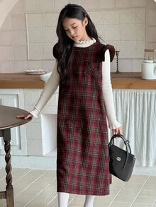 DAZY Girls Plaid Dress With Flutter Sleeves, Casual Plaid Pinafore Dress, Fashionable Street Style For Fall/Winter - Multicolor - View 5