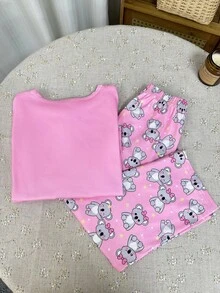 2 piezas Conjunto de pijama con estampado de koalas lindos de manga larga y pantalones rosados para niña - Rosa - Ver 2