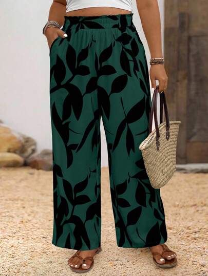 SHEIN PETITE Plus Size Women's Vacation Plant Print Pocket Wide Leg Pants Fall Cloth For Women