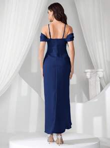 Coutiva Váy phù dâu trễ vai màu trơn thanh lịch - Màu xanh hải quân - Xem 2