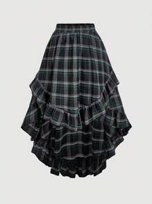 SHEIN MOD Plus Size Vintage Green Plaid Asymmetric Hem Ruffle Hem Skirt Plaid Skirt Women Ruffle Skirt Asymmetrical Skirt. Skirt For Autumn/Winter.Halloween Outfits - Multicolor - View 5