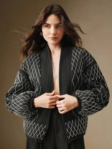 Anewsta Abrigo corto acolchado negro elegante para mujer con un exquisito ribete bordado con cuentas, adecuado para otoño, invierno, salir, formal, fiesta, elegante, Año Nuevo, Navidad, trabajo, graduación