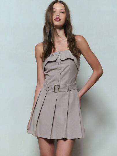 SHEIN Unity 女式纯色紧身胸衣褶边纽扣设计迷你连衣裙