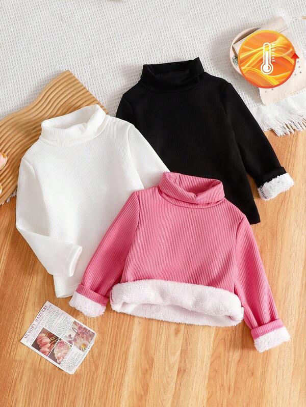 3pcs/Set Girls Turtleneck Black, White & Pink Long Sleeve T-Shirts, Fluffy Lining, Suitable For Home & Daily Wear, Autumn/Winter Toddler Girl Turtleneck Girls Turtleneck Sweater Girls Thermal Turtleneck Toddler Fleece Lined Turtleneck Girls Winter Turtleneck Fall