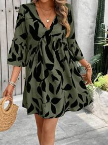 EMERY ROSE Plus Size Women Plant Print Flare Sleeve Loose Casual Vacation Dress - Army Green - View 3