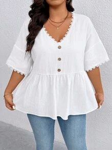 EMERY ROSE Plus Size Women's Solid Color Accessories Lace Casual Top - White - View 7