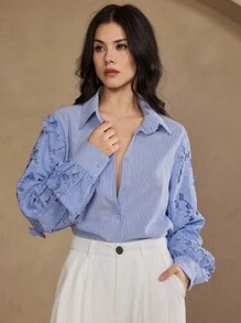DAZY Women's Casual Lace Patchwork Striped Shirt, Spring/Summer Long Sleeve Top - Blue - View 3