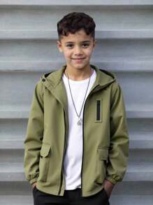 SHEIN Chaqueta con capucha informal y versátil de ajuste suelto con bolsillos utilitarios para niños preadolescentes, adecuada para ir al trabajo, la escuela, el uso diario casual, los deportes, primavera, verano, otoño e invierno - Verde militar - Ver 9