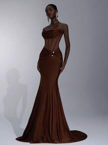 Elitara Elegant And Luxurious Coffee Color Strapless Plunging Neckline Waist Mesh See-Through Boned Waist Beaded Decorated Dress, Suitable For Date, Vacation, Birthday Party, Ball, Graduation, Homecoming, Bridesmaid, Formal Evening Gown, Brown Dress - Coffee Brown - View 6