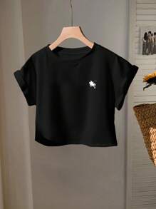 Comfortcana Camiseta casual de manga corta y cuello redondo holgada para mujer, con estampado de logo de caballo, adecuada para el verano