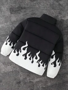 SHEIN 儿童/青少年男孩休闲连帽火焰图案前拉链长袖绗缝加厚外套，冬季外套，加厚外套，冬季外套派克大衣，适合通勤、上学、日常休闲、旅行、运动、秋冬，黑色 - 黑色 - 查看 3