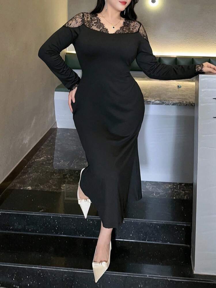 Dazy Plus Plus Size Women Elegant Long Knit Bodycon Dress With Lace V-Neck Long Sleeve, Suitable For Party Prom Dress
